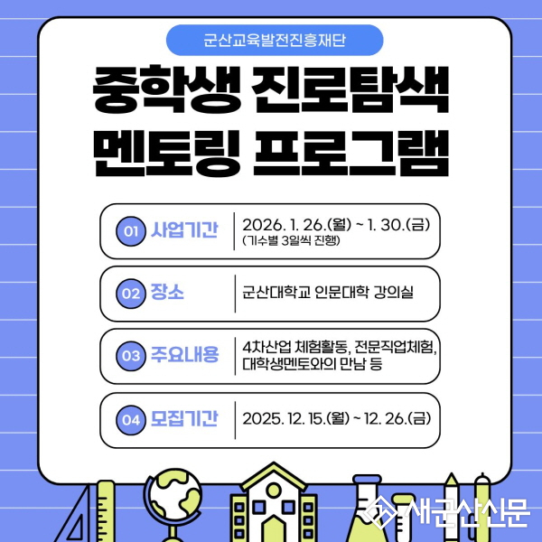 군산교육발전진흥재단, 겨울방학 맞아 중학생 진로 멘토링 운영